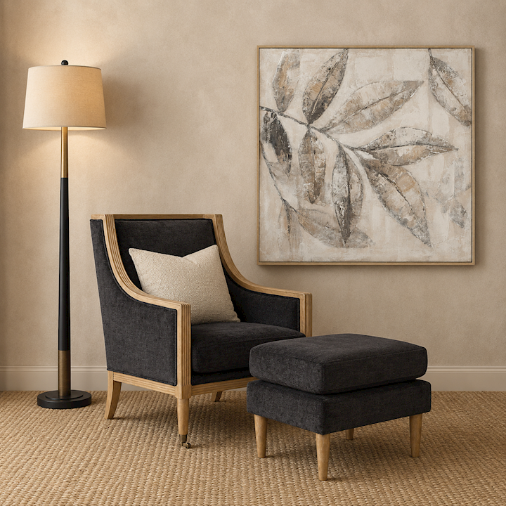 BLACK ARM CHAIR & FOOTSTOOL 75x88x98cm